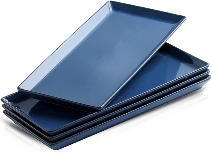 Ceramic Serving Tray, 14 Inches Large Platter, Rectangular, Porcelain Plates, Dishes for Dinner, Party, Sushi, Dessert, Food, Set of 4 (Stone Blue)