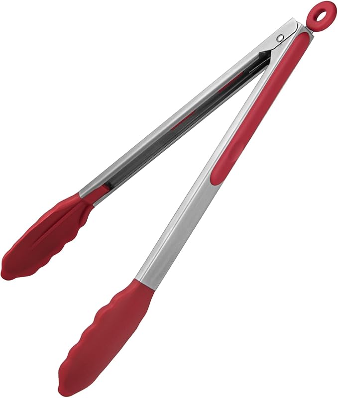 600쨘F Heat Resistant Kitchen Tongs: U-Taste 12 inch Large Silicone Cooking Tong with Sturdy Non Stick Rubber Tips & Silicon Coated 18/8 Stainless Steel Handle & Smooth Locking for Serving Grill (Red)