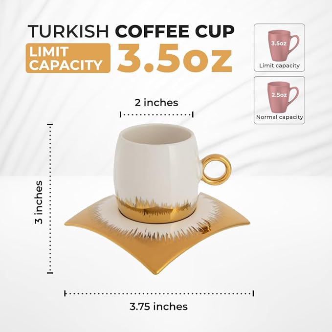 Turkish Coffee Cup Set of 6 with Saucers - Luxury Arabic Greek Japanese Marble Ceramic Tea Cups for Espresso Cappuccino Latte Mocha, Ideal Gift - 3.5oz,- Assorted Colors