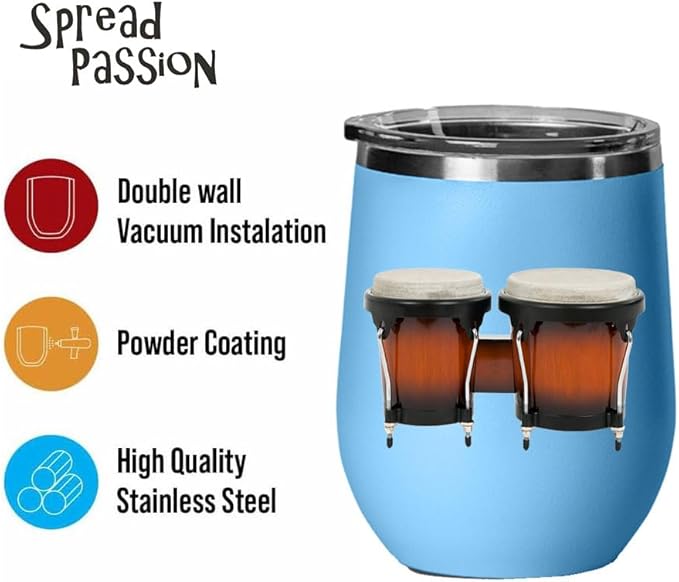 Bongos Wine Tumbler, Bongos Gift, 12oz Stainless Steel Wine Tumbler, Gifts For Him, For Her, For Boys, For Girls, Birthday, Christmas Gift idea (Light Blue)