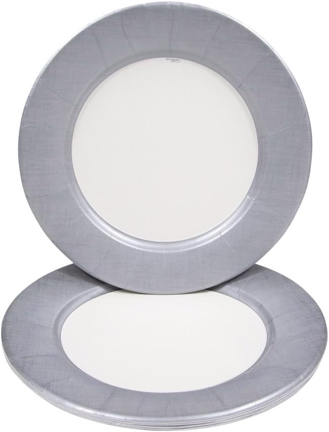 Caspari Linen Border Paper Dinner Plates in Silver - 16 Count