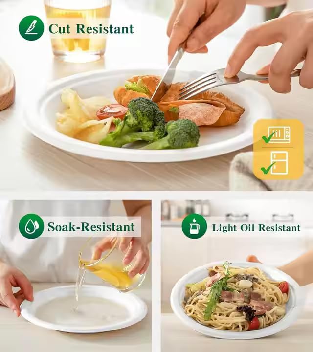 9-Inch Compostable Paper Plates ??Heavy-Duty Disposable Bagasse (Sugarcane Fiber) Plates, Eco-Friendly Biodegradable Dinnerware, Microwave-Safe & Leak-Proof (150-Pack)