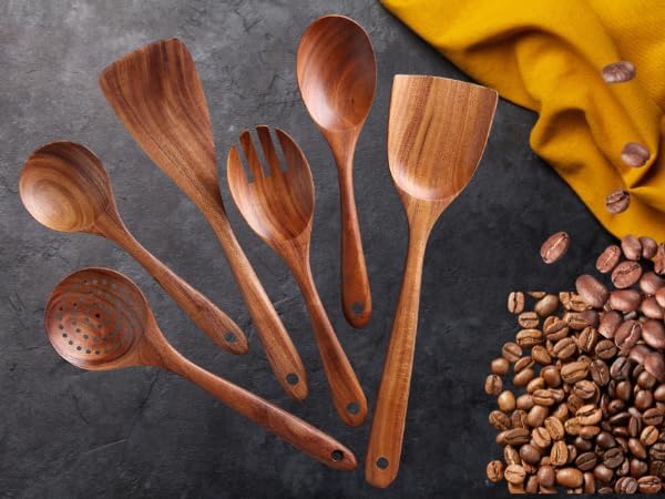 Wooden Spoons for Cooking - 6Piece Kitchen Utensils Set -Nontoxic Wooden Utensil Set -Heat Resistant Cooking Spoons - Wooden Spatula for Cooking - Teak Wood Utensils Set for Cooking - Wood Spoon