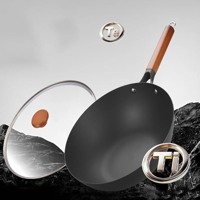 13 Inch Carbon Steel Wok Pan with Lid, Titanium Iron Flat Bottom Woks & Stir-fry Pans, Ultra-Durable, Scratch-Resistant, Even Heating Frying Pans, Compatible with All Cooktops,13.39IN