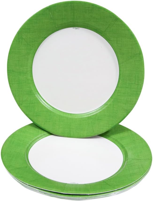 Caspari Linen Border Paper Dinner Plates in Moss Green - Pack of 8