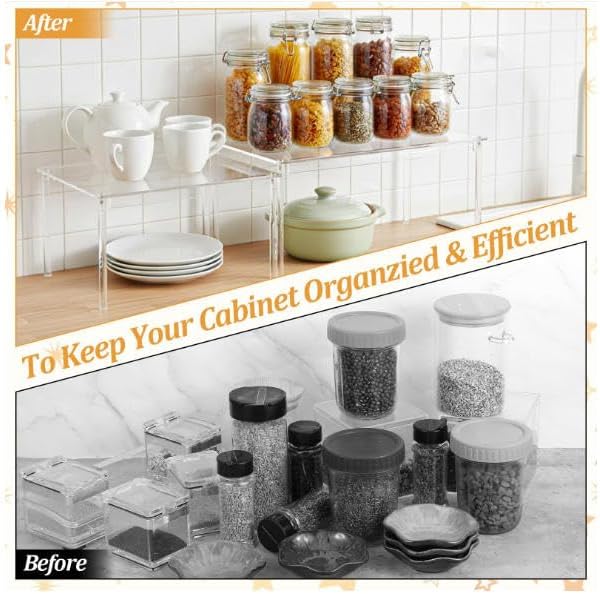 4Pcs Large Acrylic Kitchen Cabinet Organizer Shelf, Clear Spice Rack, Plate and Cupboard Storage Riser, Versatile Pantry Shelf, Stackable Kitchen Countertop Display Rack Decor for Gift