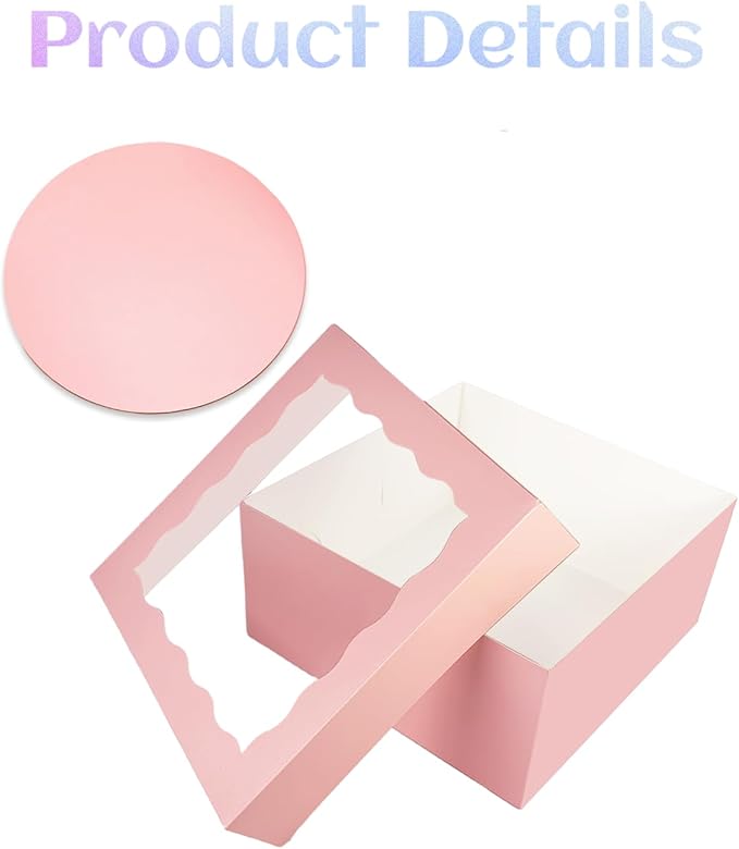 qiqee Pink 10x10x8 Cake Box, 18 Sets Cake Box with Window 竊?18 Sets 10" Cake Round Boards, 10inch Cake Containers, 10 Meters Pink Silk Ribbon Includes