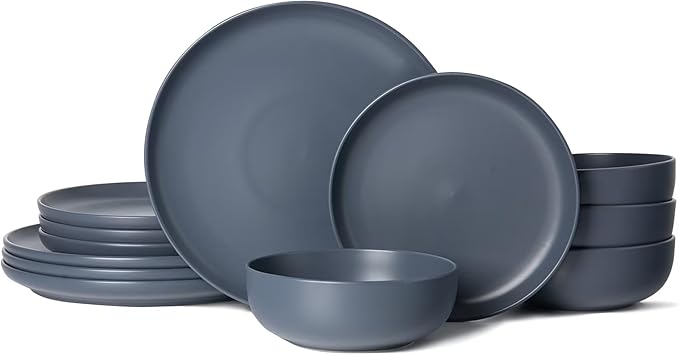 Furrnook 12-Piece Stoneware Dinnerware Set with Mugs | Microwave and Dishwasher Friendly | Stackable Matte Glaze Plates & Bowls | Service for 3 (Blue for 4)