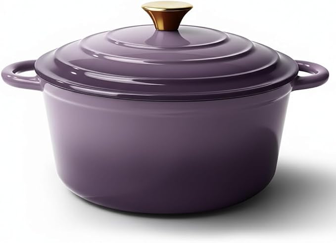 Vintage Style 4.5 Quart Dutch Oven Pot with Lid, Non Stick Enameled Cast Iron Dutch Oven for Bread Baking, Heavy-Duty, Oven Safe Ceramic Cookware Up to 500째F for Baking, Braising, Stews, Roasting, Purple