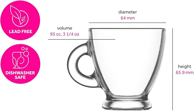 LAV Glass Coffee Cups, Saucers Set - Small Espresso Cups with Handle 3 oz - Small Clear Coffee Mug Latte Cups Set - 6 Cups + 6 Saucers - Mothers Day Gift, Housewarming - Juego de tazas para cafe