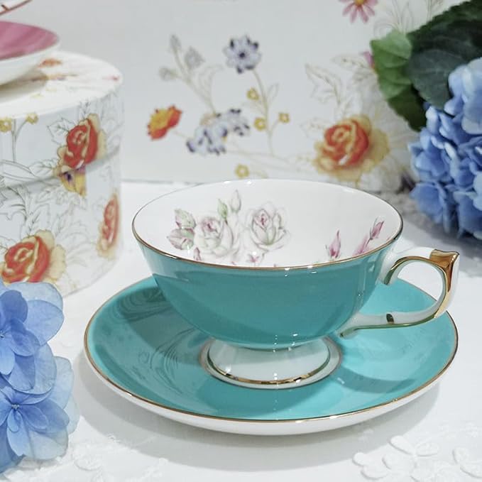 Aynsley Elizabeth Rose Fine Bone China Teacup and Saucer Set - 6.76oz Hand-Painted Gold-Trimmed Floral Vintage Set, Fancy Gift for Christmas/Wedding/New Year(Turq)