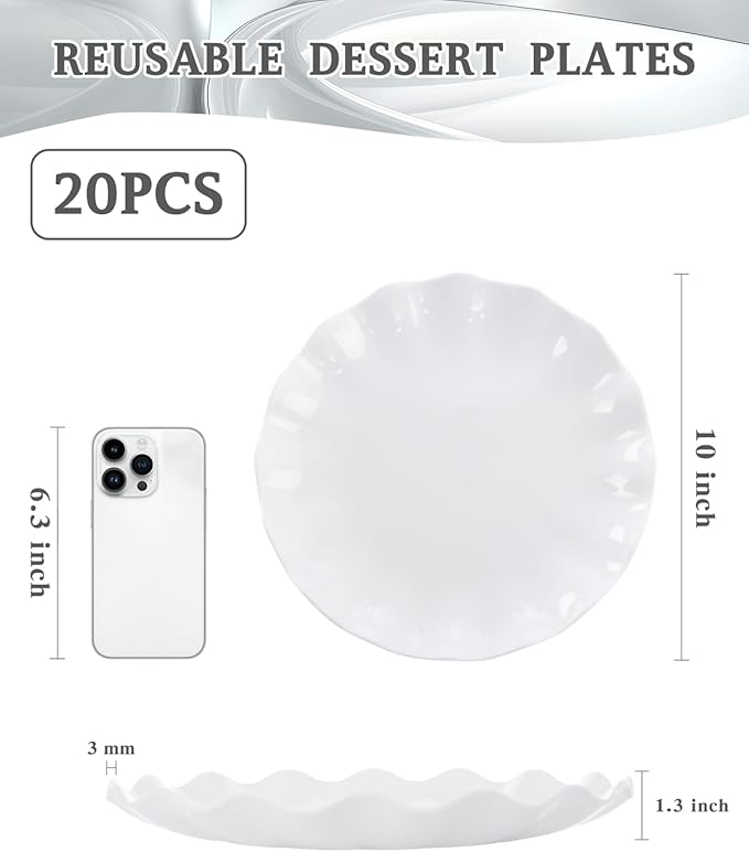 LIYH 20 Pcs 10 Incn White Scalloped Plastic Plates Reusable - Unbreakable Plastic Dinner Plates Camping Outside Plate Dishwasher Safe for Wedding Parties Birthdays Picnics - BPA Free