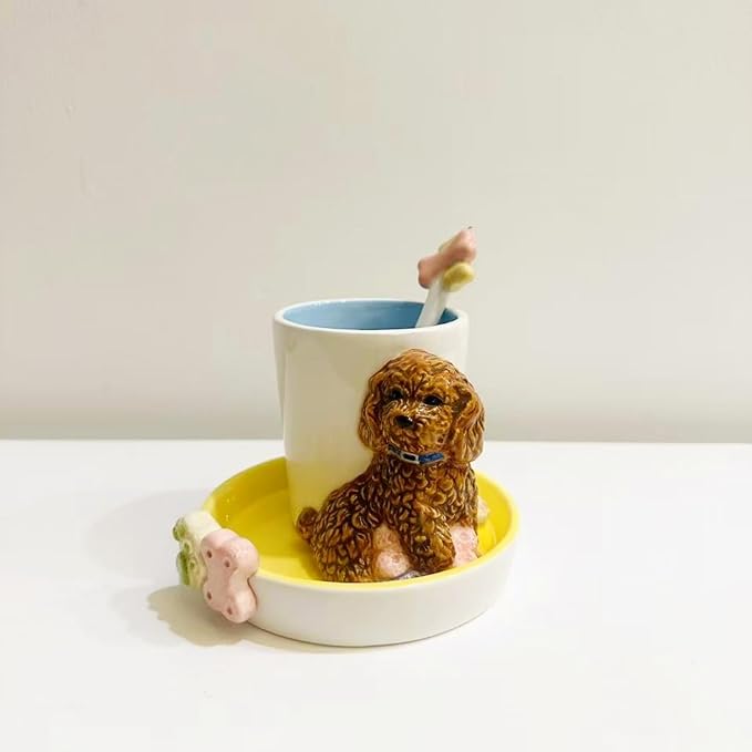 Ceramic Animal Coffee Mug Cup and Saucer Set竊?00ML(6.8OZ) 3D Hand-painted Tea Cup with Spoon (Reddish Brown)