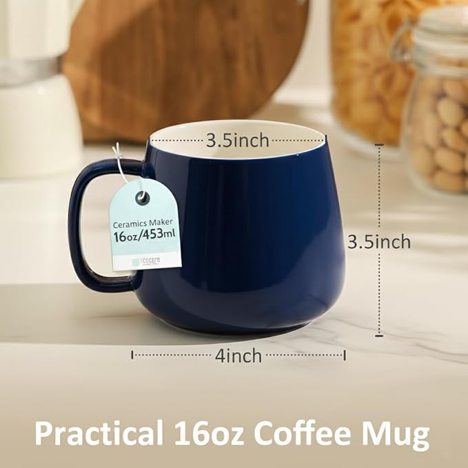 Teocera 16oz Ceramic Coffee Mugs Set of 4 ??Stackable Latte Cups, Microwave, Dishwasher & Oven Safe ??Ideal for Coffee, Cappuccino, Hot Chocolate, Housewarming Gifts, Dark Blue