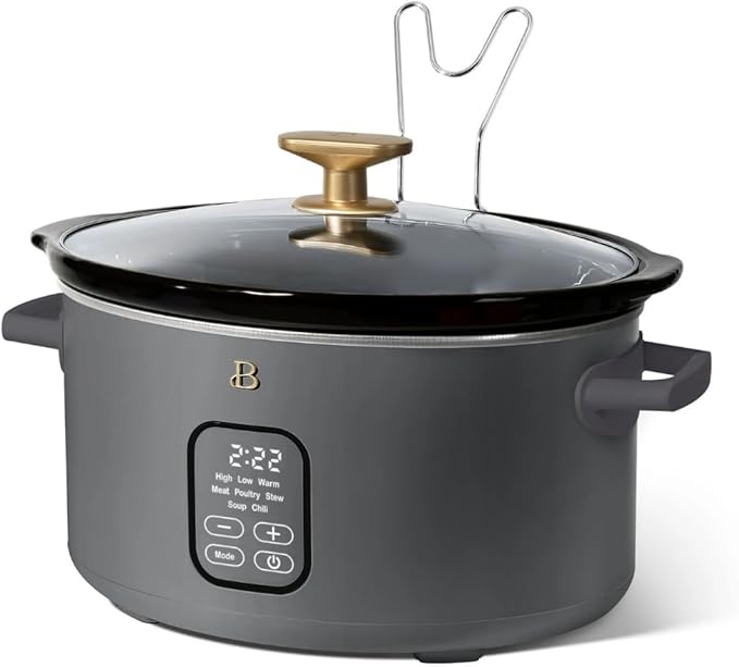 Beautiful 6 Quart Programmable Slow Cooker by Drew Barrymore ??Large Capacity, Ceramic Removable Pot, Tempered Glass Lid, Dishwasher Safe, Auto Keep Warm (Oyster Grey)