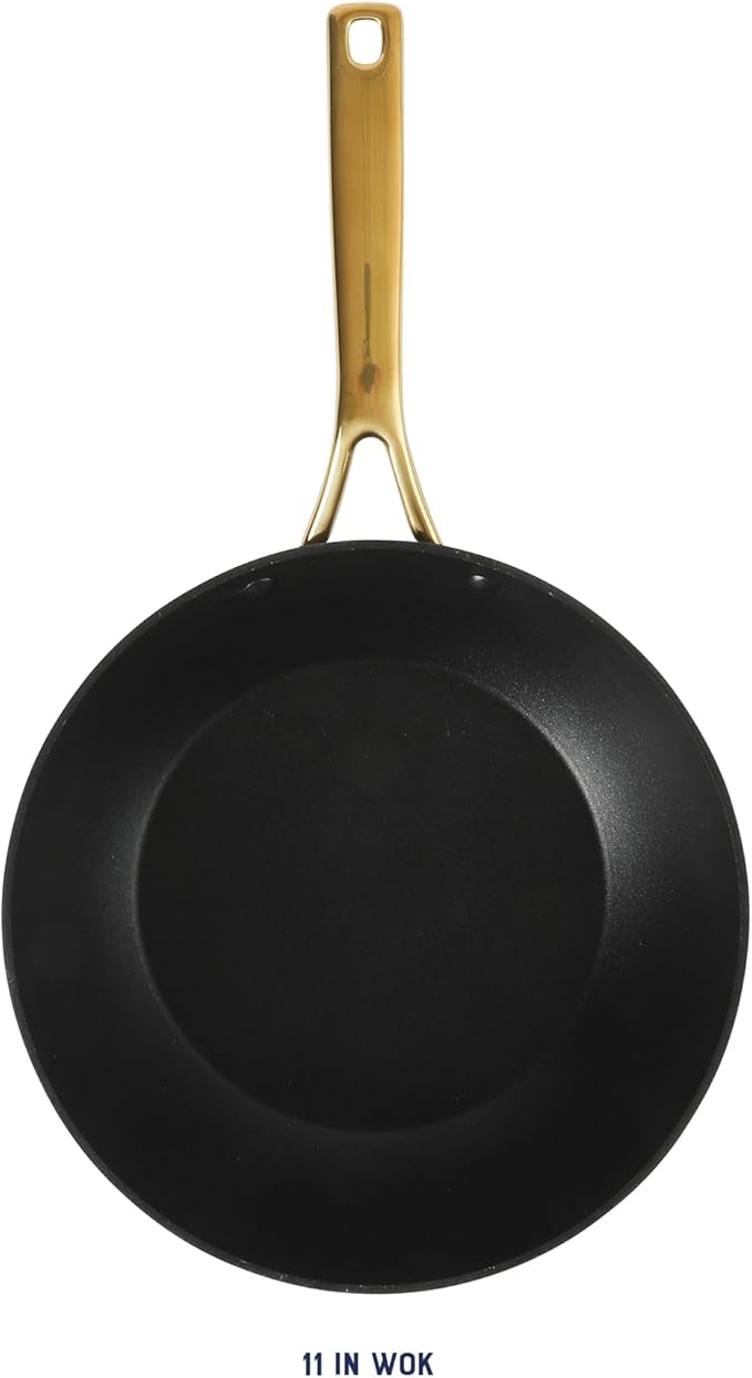 Oster Platinum Abbottsford 11-Inch Matte Black Ceramic Nonstick Wok with Gold Stainless Steel Handle ??Flat Bottom, Oven & Induction Safe