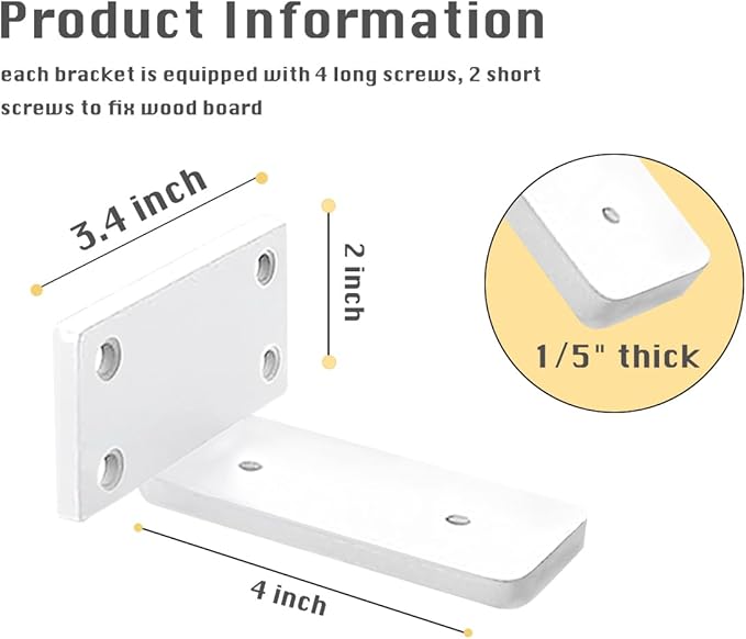 8 Pack Shelf Brackets White 4 Inch Floating Shelf Bracket 1/5 inch Thick Heavy Duty Hidden Shelf Brackets Iron Metal Brackets for Shelf Support with Screw Included