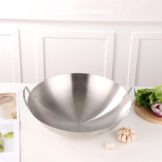STOBOK Pots Wok Pan 28cm Double Handle Wok Stainless Steel Fry Pan Large Capacity Saute Pan Round Bottom Multipurpose Stewpot Skillet Works for Gas Cooktops Electric Frying Pan