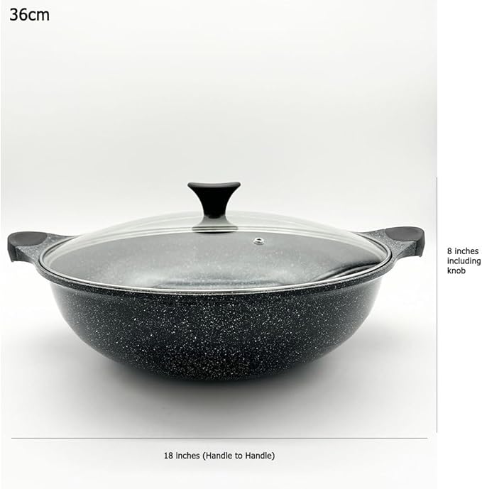 Non stick Marble Coated Two Handle Wok Pan with Lid 36cm, Black, HKA-147