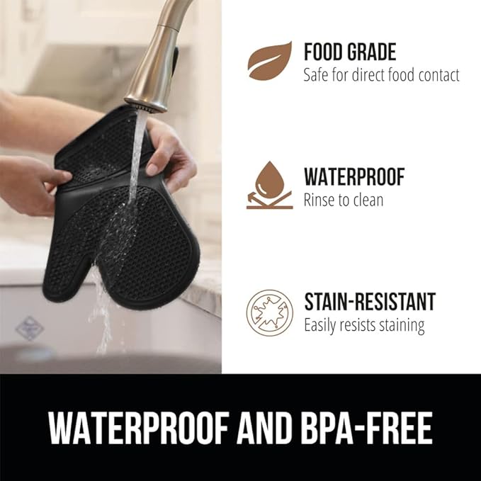 GORILLA GRIP BPA-Free Soft Silicone Oven Mitts, Heat Resistant and Waterproof Cooking Safety Gloves, Thick Cotton Lining, Flexible Gripping, Kitchen Potholders Set, for Grilling, BBQ, 12.5x8.3, Black