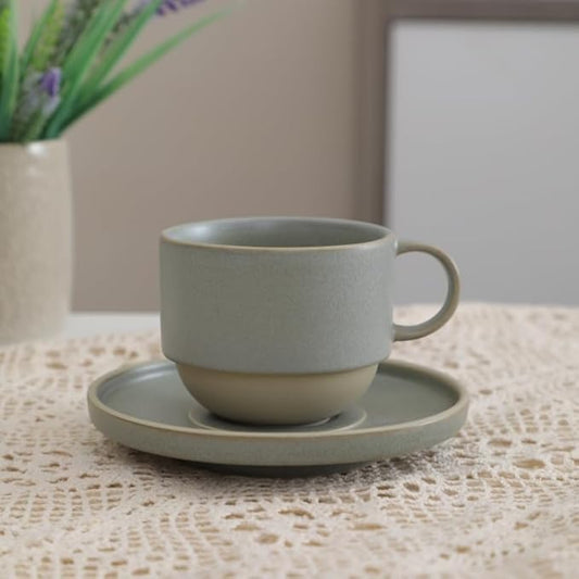 Stackable 8oz Minimalist Handmade Ceramic Cappuccino Cup with Saucer ??Small Stoneware Coffee Mug, Lead-Free Latte Art Mug竊똇andmade Pottery tea mug or tea cup (Matte Gray)