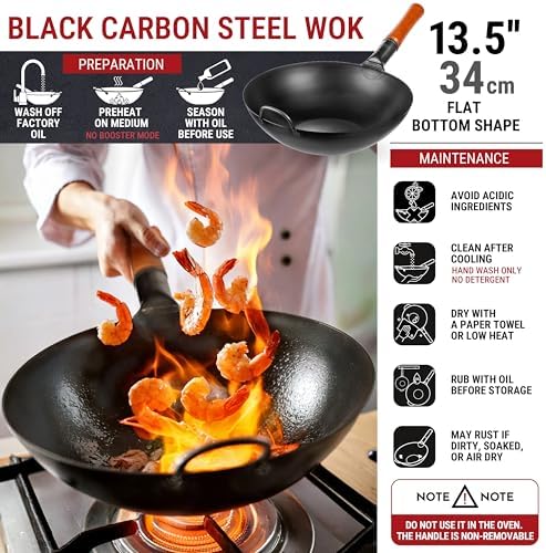 YOSUKATA Carbon Steel Wok Pan 13,5 ??+ Lid 12.8 In for 13.5-In Wok + 17?쇺?Spatula and Ladle