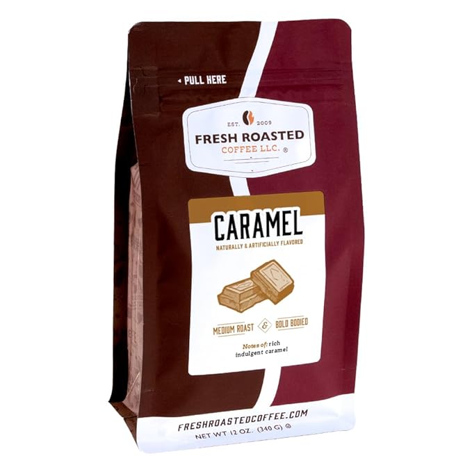 Fresh Roasted Coffee, Caramel Flavored Coffee, 12 oz, Medium Roast, Kosher, Ground