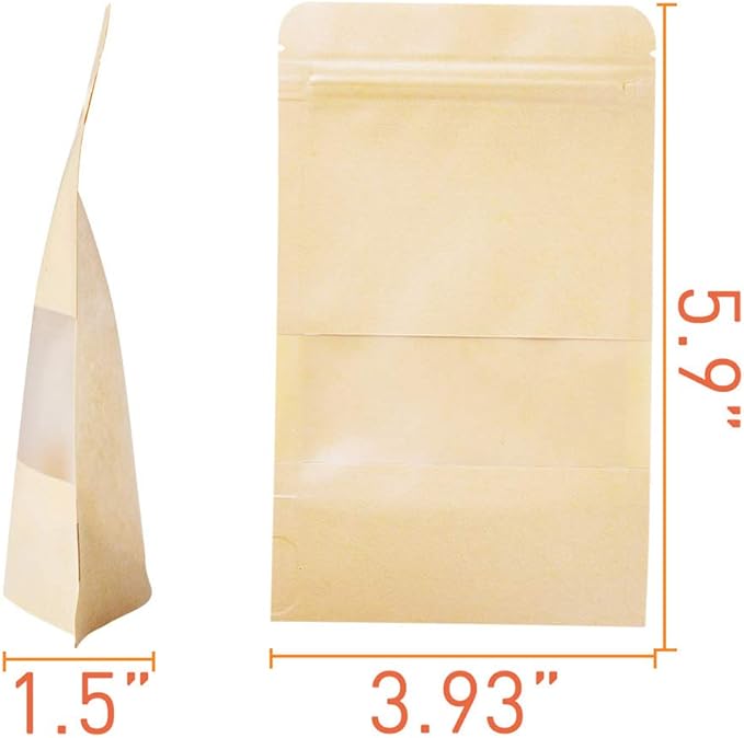LZLPACKING Kraft Stand Up bags 100 Pcs,Brown Resealable Bags with Window for Home or Business,Coffee,Food Storage Bags,Sealable Bags for Packaging(3.9횞5.9)