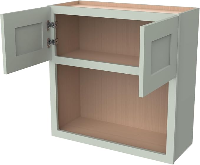 Solid Wood RTA Wall Microwave Cabinet with Open Shelves ??Shaker Style, Space-Saving Kitchen Pantry Storage, Durable and Versatile Wall-Mounted Organizer (SK-Jade Green, 30" W x 24" D x 42" H)