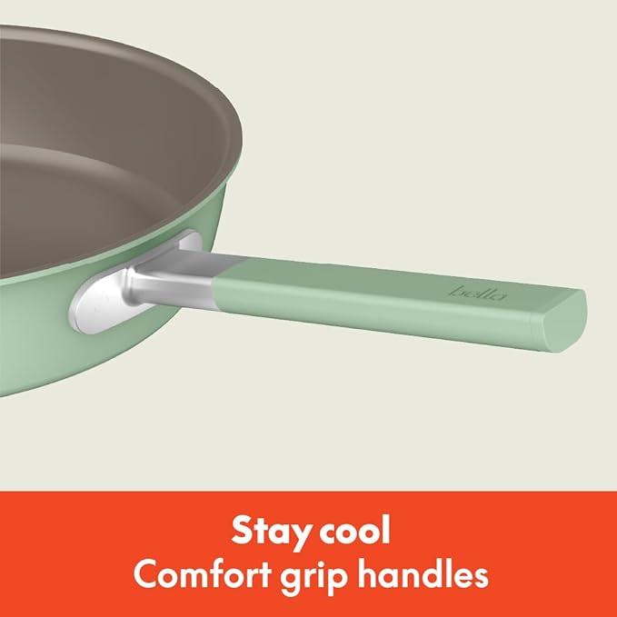 bella 9 Piece Ceramic Nonstick Cookware Set, Fits-anywhere??Kitchenware w EverGood??Coating, Dishwasher & Oven Safe, All Stovetops Compatible, Stackable Design, Cool Touch Handles, Seaglass