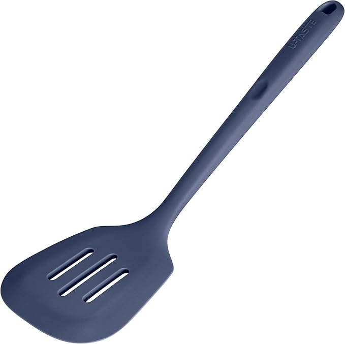 600쨘F Heat Resistant Slotted Turner: U-Taste 13.6" Silicone Kitchen Spatula Flipper, 3.74in Wide Food Grade Flexible Rubber Cooking Utensil for Egg, Pancake, Cookie, Nonstick Cookware-Midnight Blue
