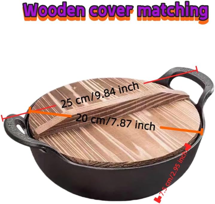cast iron Dutch oven large-capacity pot with lid is used for baking bread and stewing meat-heavy-duty casting cooker iron pot is used for stewing, baking and bread baking.(Wooden lid, 7.9in*3in)