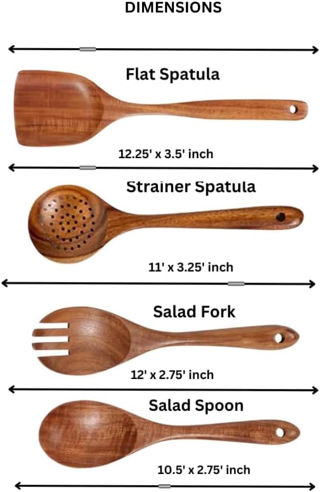 Premium Teak Wood Kitchen Utensils Set - 4 Pcs Wooden Spoons for Cooking - Non-stick Wooden Spatula - Heat Resistant - Non Toxic Kitchen Utensils - Home Cook or Chef's Gift -