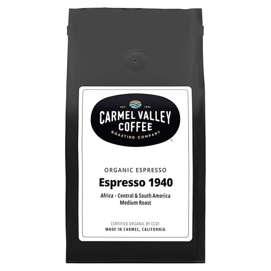 Carmel Valley Coffee Roasting Espresso 1940 ??Organic Medium Roast, Africa, Central & South America - Notes of Dried Berries, Toasted Nuts & Baker?™s Chocolate, Whole Bean Coffee, 12 Oz Bag, 1 Pack