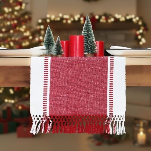 PurpleEssences Table Runner - Wide with Dobby Stripe, Heavy Ribbed Weave & Double Knot Fringes, 14x72 Inch (14x77.5 with Fringes) Farmhouse Decor - Christmas Holiday Winter - Red and White
