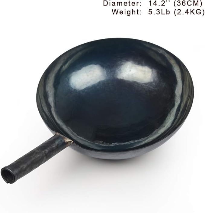 ?삡툒??ZhenSanHuan Chinese Hand Hammered Iron Woks and Stir Fry Pans, Non-stick, No Coating, Carbon Steel Pow (36CM, Blue Black - Seasoned)