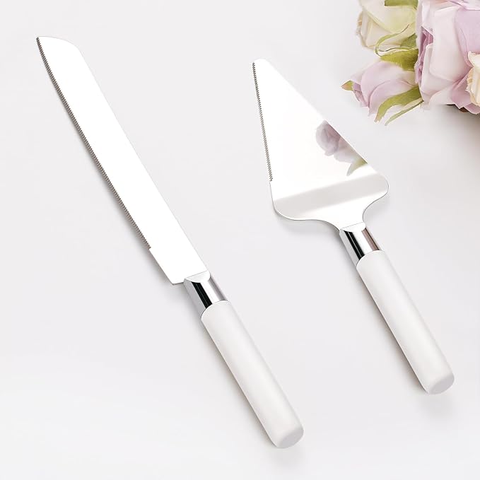 Cake Cutting Set for Wedding, Wood Cake Knife and Server Set, Vintage 2-Piece Pie Cake Cutter, White Pizza Dessert Utensils Bridal Anniversary Birthday Quincea챰era Gift (White)