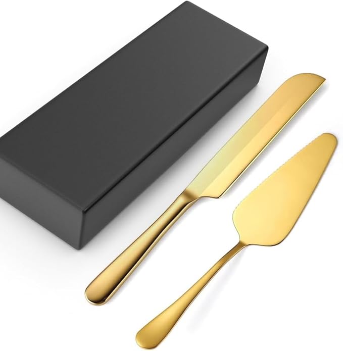 Pie Server and Cake Server Stainless Steel Set - Serrated Spatula with Elegant Ergonomic Handles for Cutting and Serving Desserts, Brownies, Lasagna (Gold)
