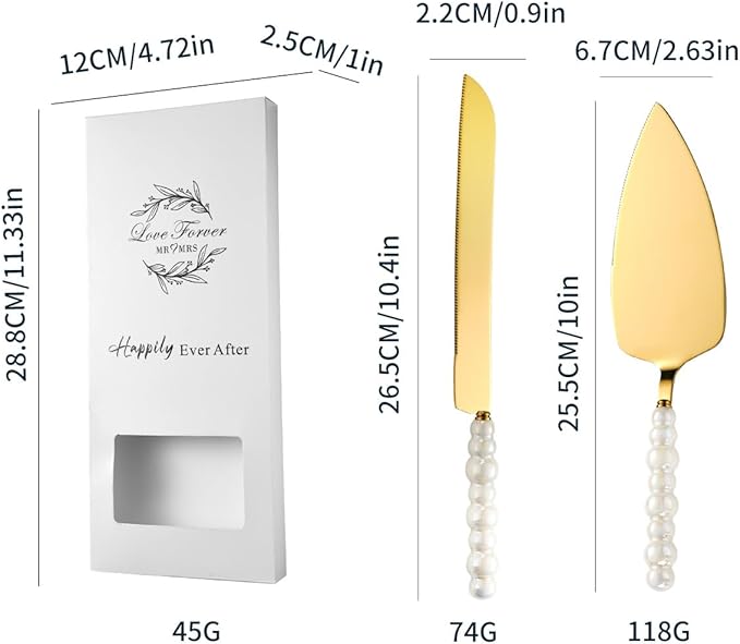 Wedding Cake Cutting Set, Wedding Cake Knife and Server Set, Ceramic Pearl Stainless Steel Pie Cutter, Bridal Shower Gifts, Engagement Gift for Couples (Gold, Set of 2)