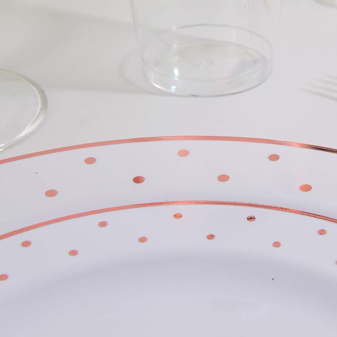 WELLIFE 350 PCS Rose Gold Plastic Plates, Includes: 50 Dinner Plate, 50 Dessert Plate, 50 Forks, 50 Knives, 50 Spoons, 50 Cups, 50 Dot Napkins for Party and Wedding