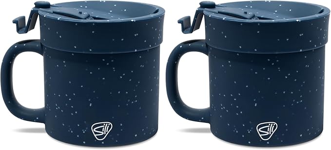 Silipint 16oz Silicone Coffee Mug Tumbler with Flip Lid ??Unbreakable Dishwasher Safe Microwave Oven & Freezer Compatible ??Non-Toxic Reusable Cup, Coffee Tea, Cold Drinks, Speckled Blue - Pack of 2