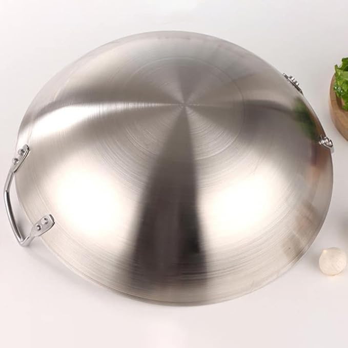 STOBOK Pots Wok Pan 28cm Double Handle Wok Stainless Steel Fry Pan Large Capacity Saute Pan Round Bottom Multipurpose Stewpot Skillet Works for Gas Cooktops Electric Frying Pan