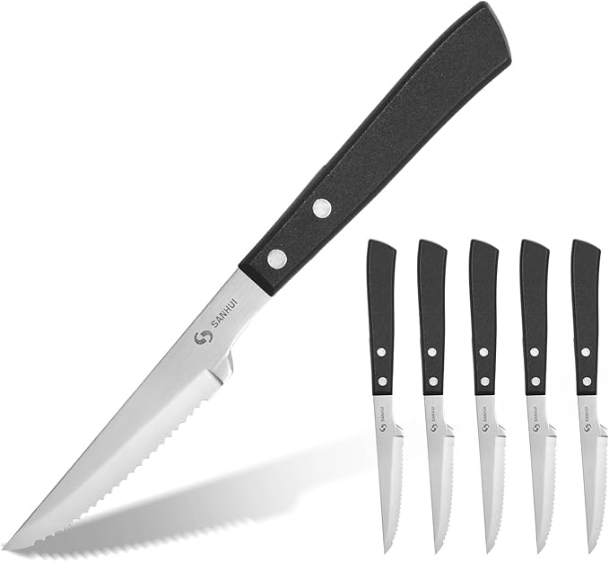 Steak Knives, Steak Knife Set of 6, German Stainless Steel Steak Knife Serrated