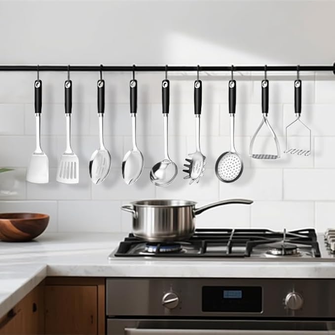 18/0 Stainless Steel Cooking Utensils Set, Heavy Duty Kitchen Utensils for Daily Use Party Wedding Housewarming, Dishwasher Safe, 9 Pieces
