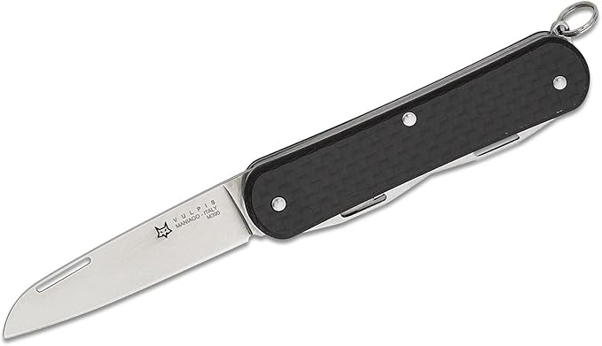Fox Knives Vulpis FX-VP130-F4 Slipjoint Folding Knife 4-in-1 Multitool 2.17in Blade, Bottle Opener, Can Opener, Flat Head Screwdriver, Scissors - Compact Versatile Pocket Knife (Carbon Fiber)