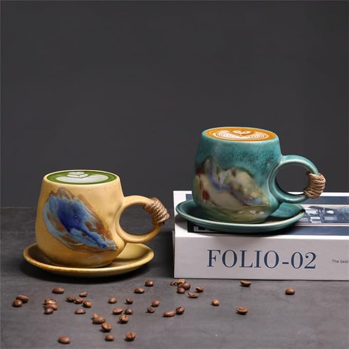 Small 8oz Unique Vintage Retro Japanese Handmade Ceramic Cappuccino Barista Cup with Saucer ??Artisanal Stoneware Coffee Mug, Lead-Free Latte Art Mug,Teal Green tea cup, Handcrafted Pottery tea mug