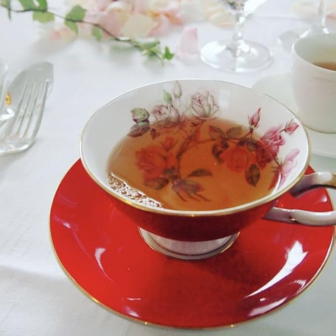 Aynsley Elizabeth Rose Fine Bone China Teacup and Saucer Set - 6.76oz Hand-Painted Gold-Trimmed Floral Vintage Set, Fancy Gift for Christmas/Wedding/New Year(Red)