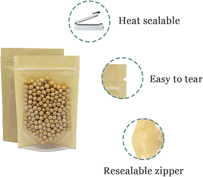 FERENLI 50 Pcs 3.9x5.9 inch (Inside Size 3.1x3.3) Clear Front Brown Kraft Paper for Zip Plastic Package Lock Bag Doypack Stand Up Pouch Reclosable Pouch Nuts Coffee Food Storage Packaging Pack