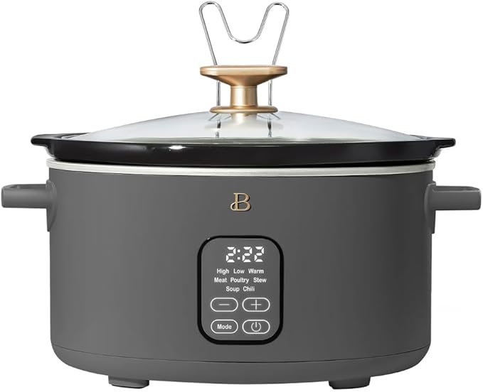 Beautiful 6 Quart Programmable Slow Cooker by Drew Barrymore ??Large Capacity, Ceramic Removable Pot, Tempered Glass Lid, Dishwasher Safe, Auto Keep Warm (Oyster Grey)