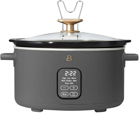 Beautiful 6 Quart Programmable Slow Cooker by Drew Barrymore ??Large Capacity, Ceramic Removable Pot, Tempered Glass Lid, Dishwasher Safe, Auto Keep Warm (Oyster Grey)